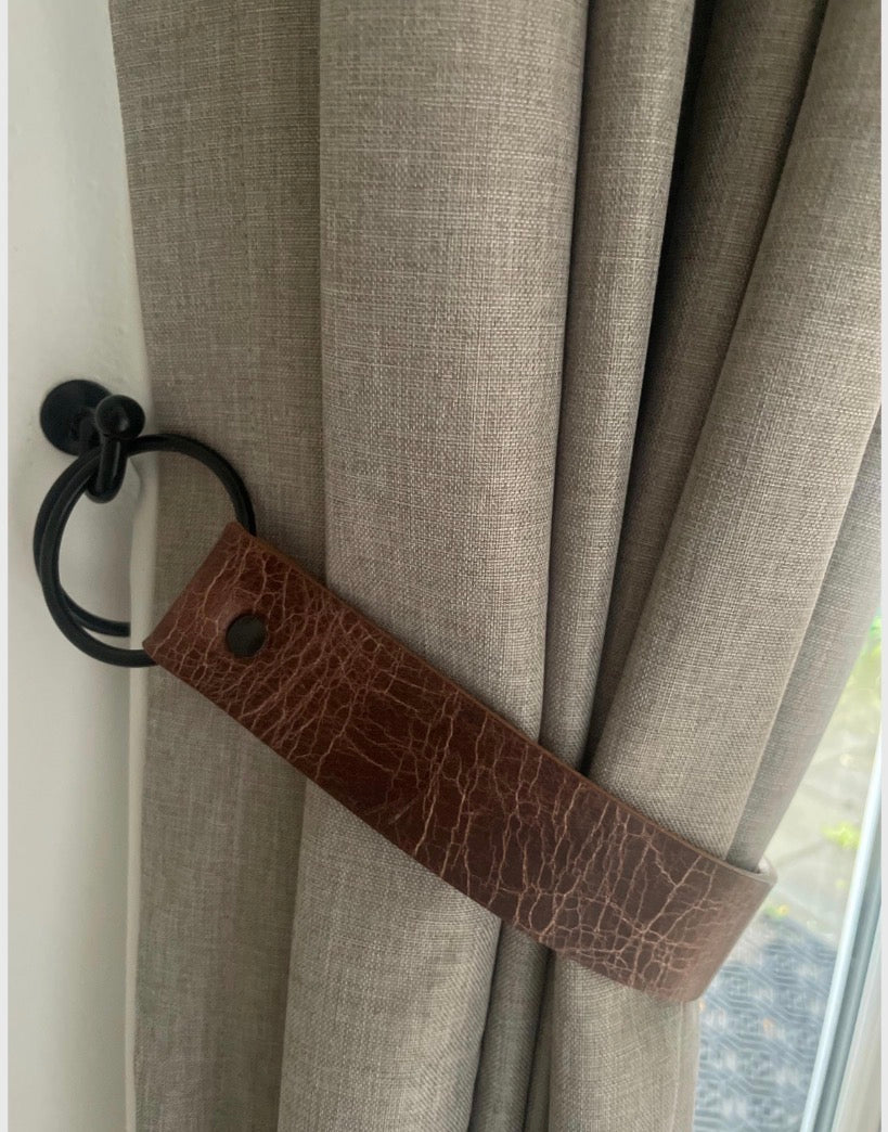 16 Inch Wide Antique Brown Leather Curtain Tie Backs with Black Fixings