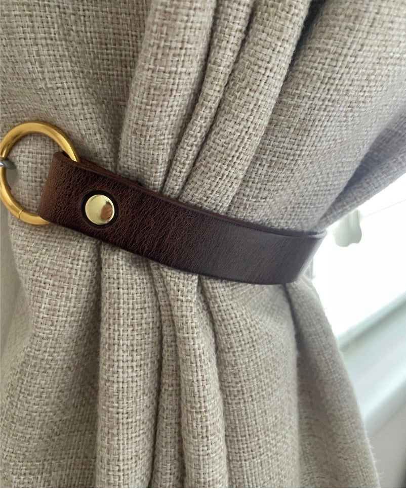 12 inch Antique Brown Leather Curtain Tie Backs with Brass Fixings