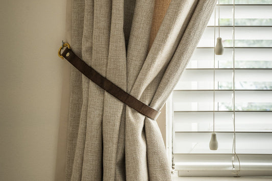 Handmade antique brown leather curtain tie back with brass hook