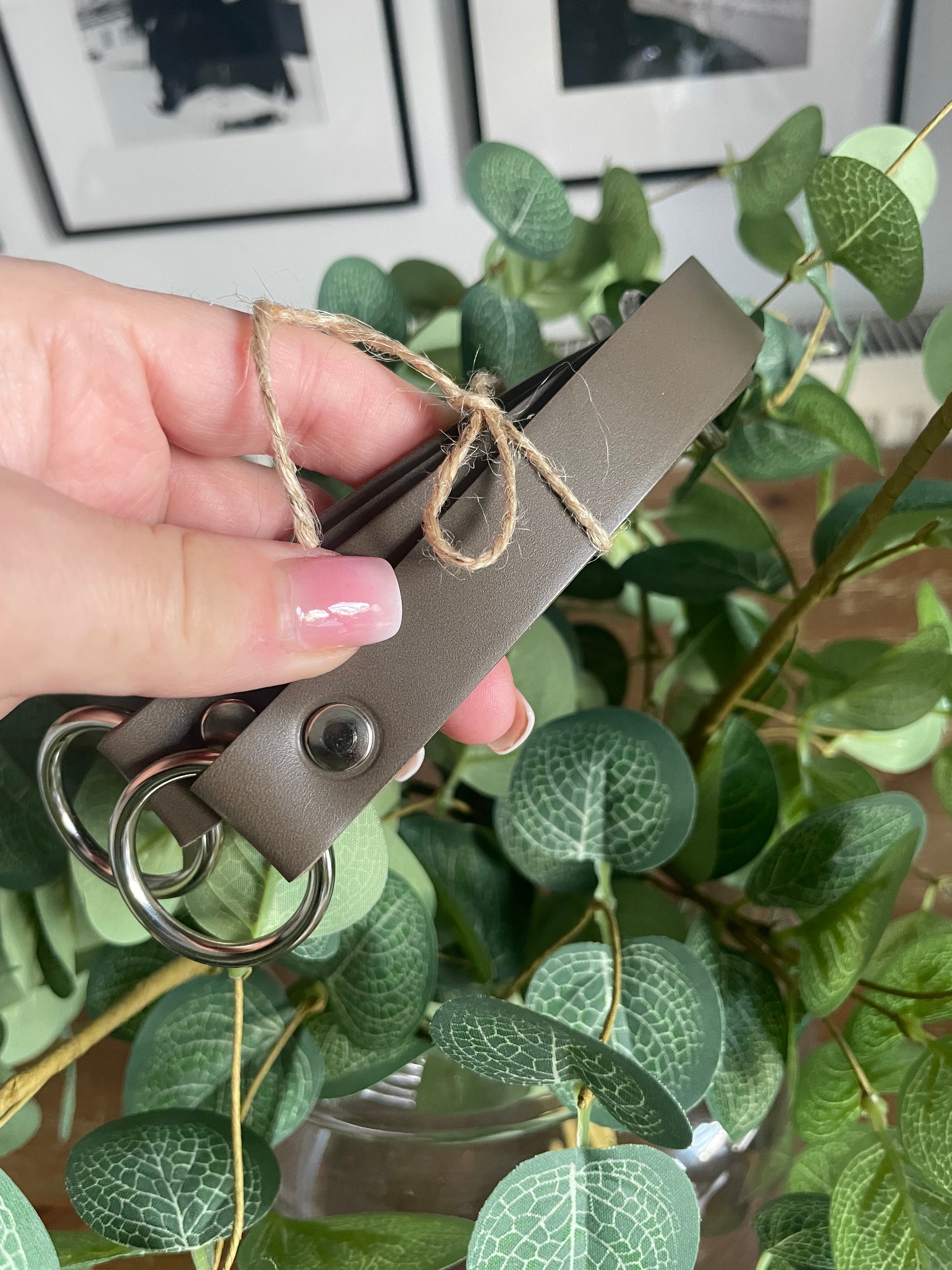 Grey taupe leather curtain tie backs 22 inches with nickel O-rings