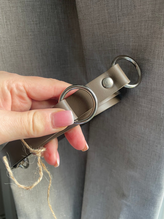 Grey taupe leather curtain tie backs 22 inches with nickel O-rings