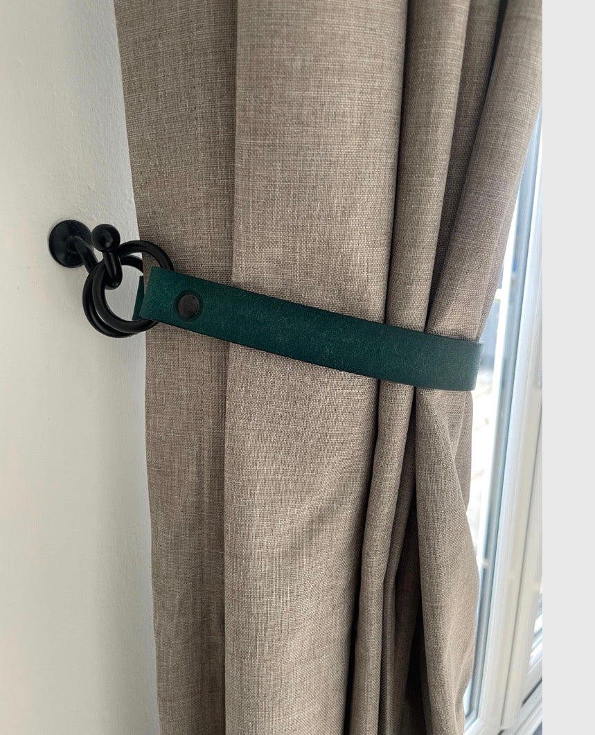 14 inch Teal Leather Curtain Tie Backs with Black Fixings
