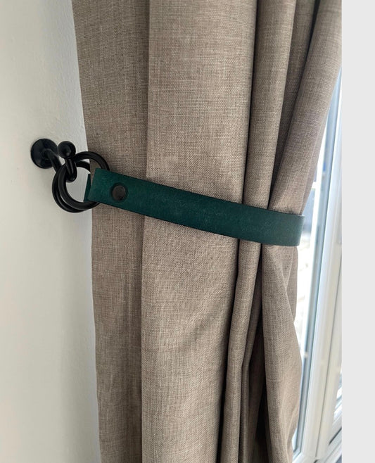 14 inch Teal Leather Curtain Tie Backs with Black Fixings