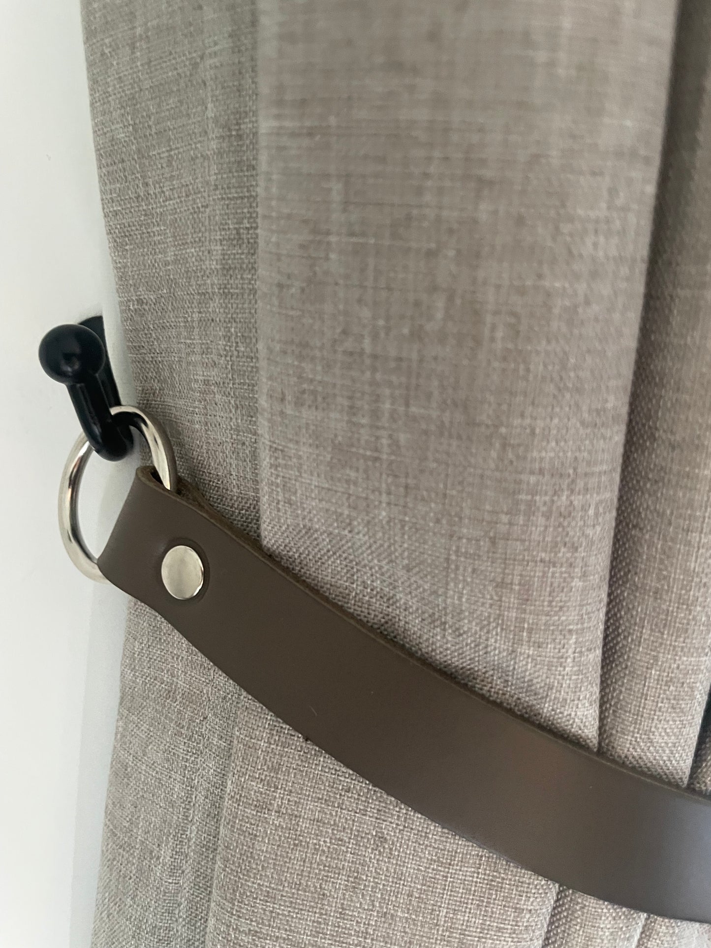 Grey taupe leather curtain tie backs 22 inches with nickel O-rings