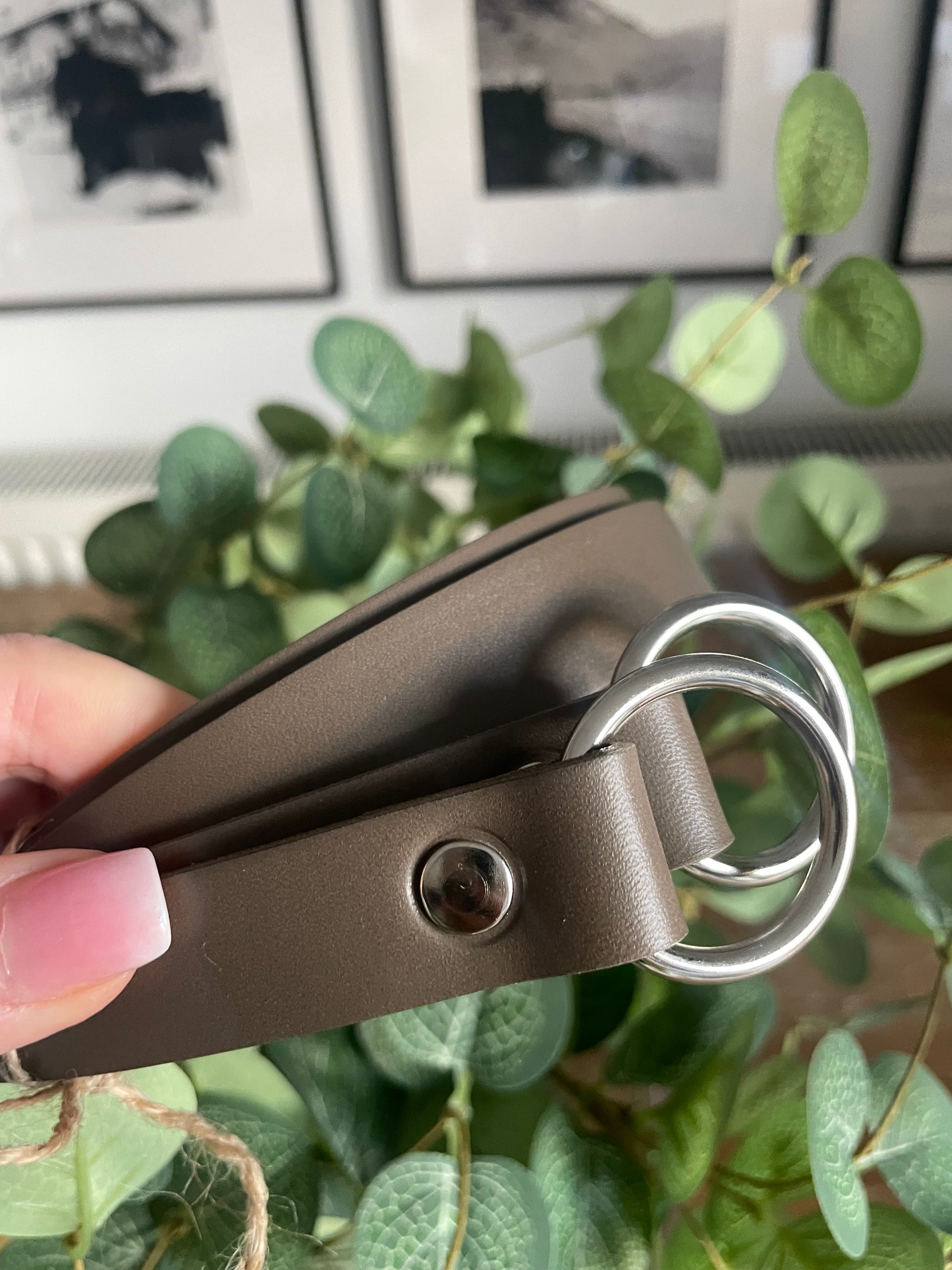 Grey taupe leather curtain tie backs 22 inches with nickel O-rings