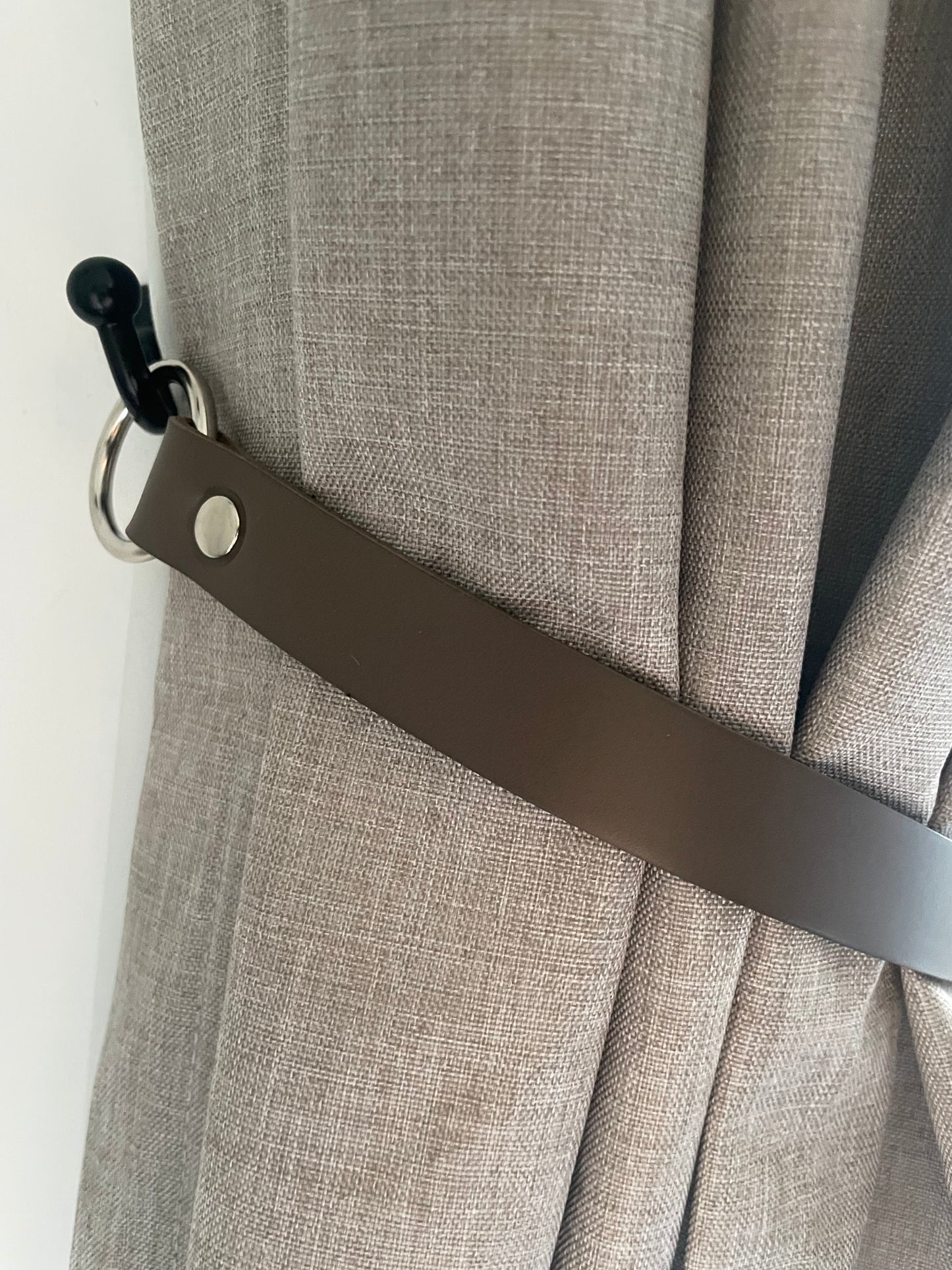 Grey taupe leather curtain tie backs 22 inches with nickel O-rings