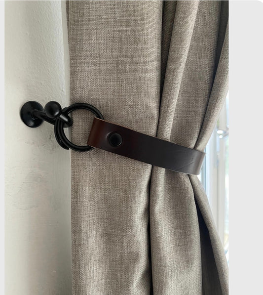6 Inch Brown Leather Curtain Tie Backs with Black Fixings