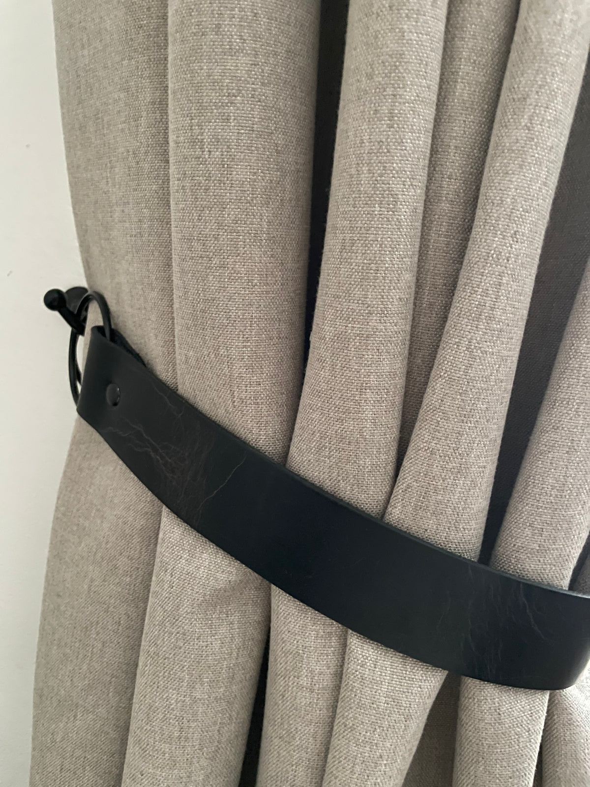 Handmade Wide Antique Black Leather Curtain Tie Back with O-Ring