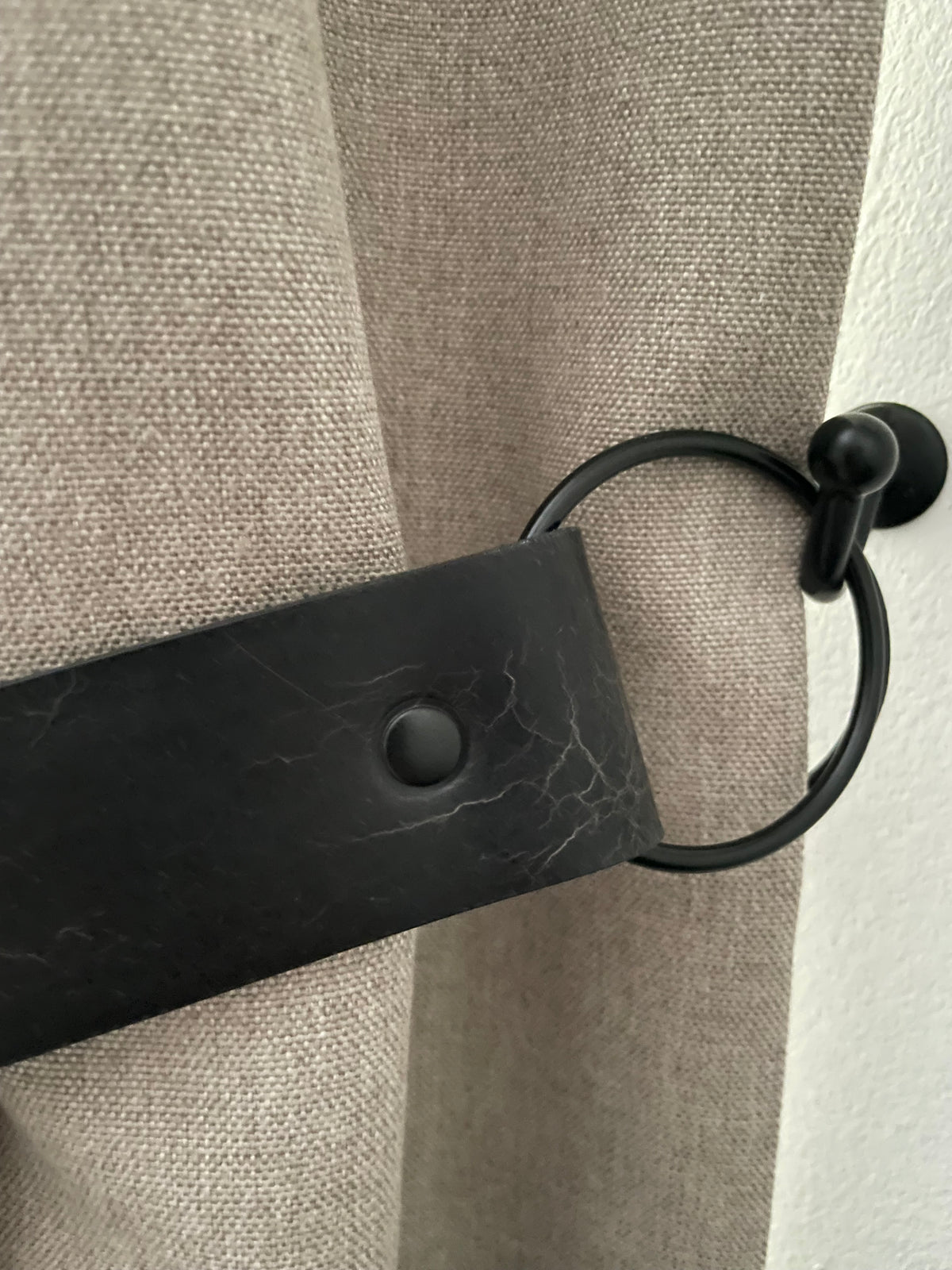 Handmade Wide Antique Black Leather Curtain Tie Back with O-Ring