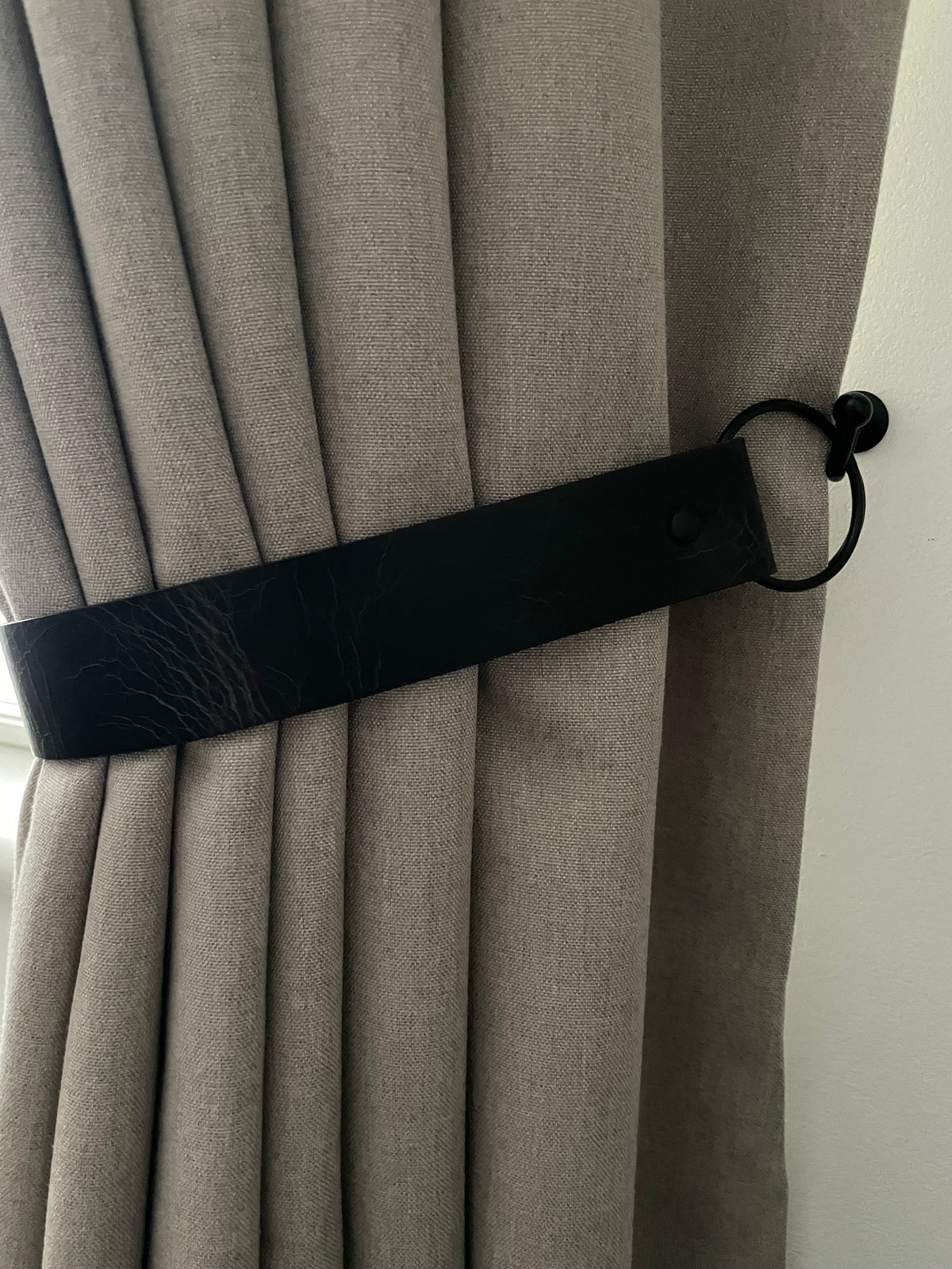 Handmade Wide Antique Black Leather Curtain Tie Back with O-Ring