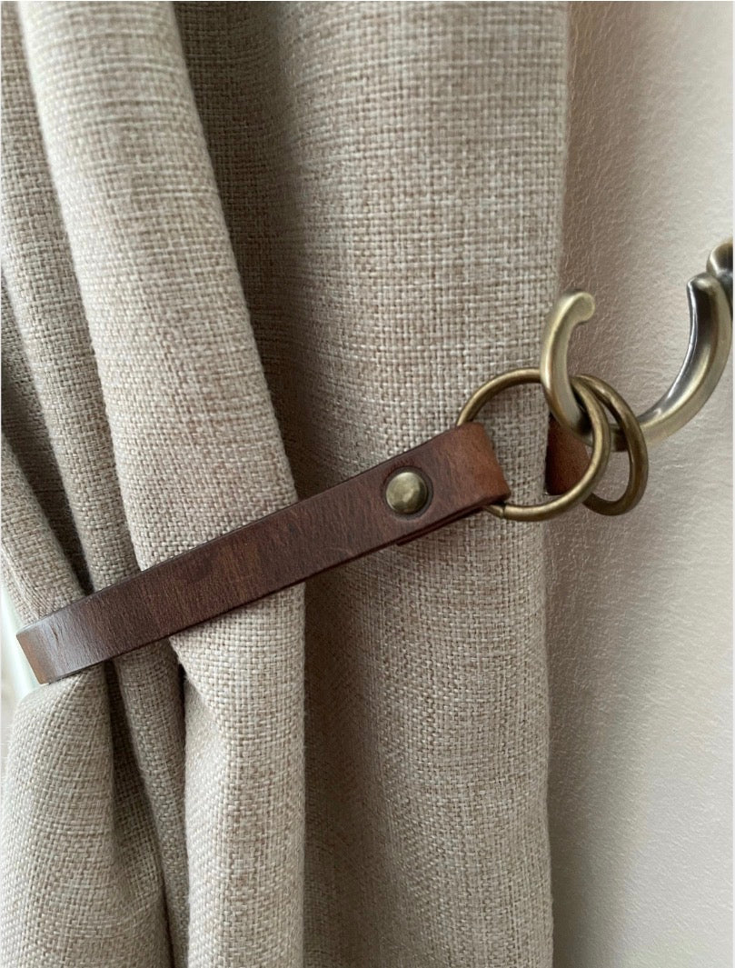 16 Inch Antique Brown Leather Curtain Tie Backs with Brass Fixings