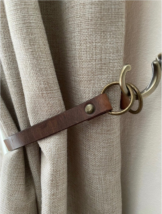 14 inch Antique Brown Leather Curtain Tie Backs with Antique Fixings