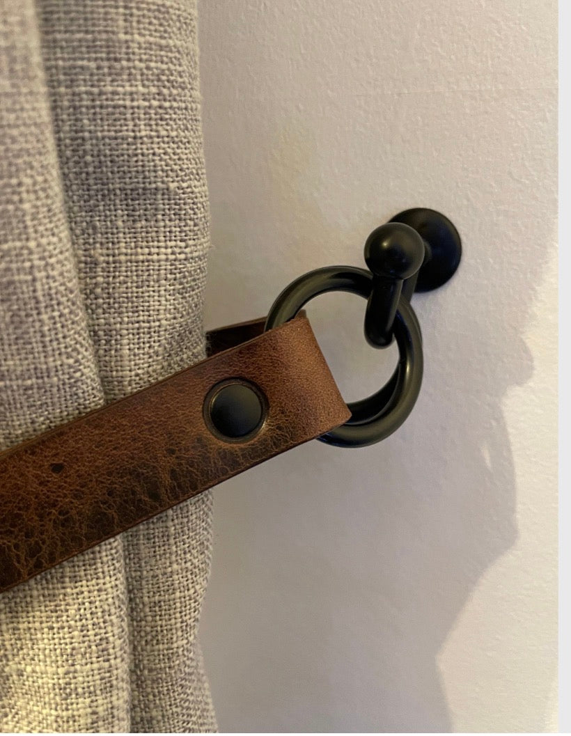 12 Inch Brown Leather Curtain Tie Backs with Black Fixings