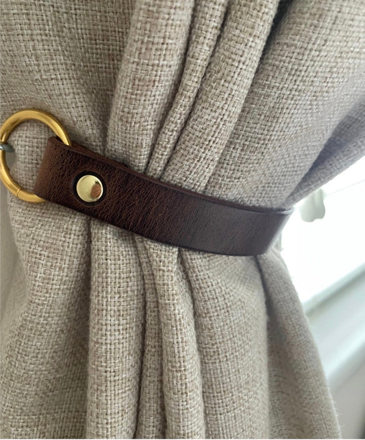 20 inch Antique Brown Leather Curtain Tie Backs with Brass Fixings