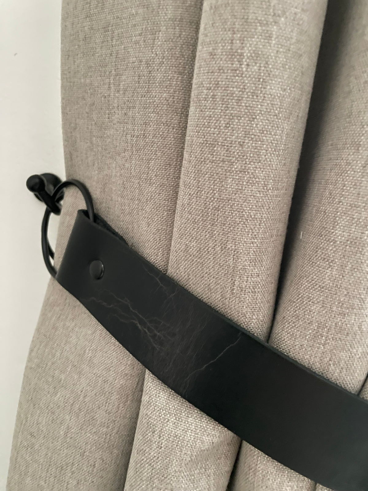 Handmade Wide Antique Black Leather Curtain Tie Back with O-Ring
