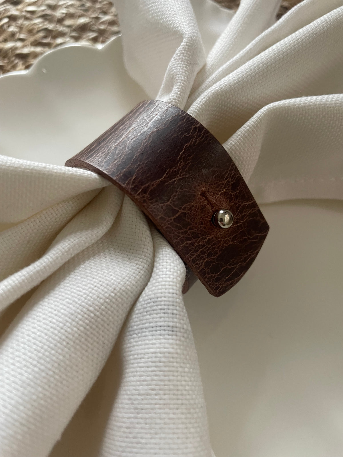 Antique brown leather napkin ring