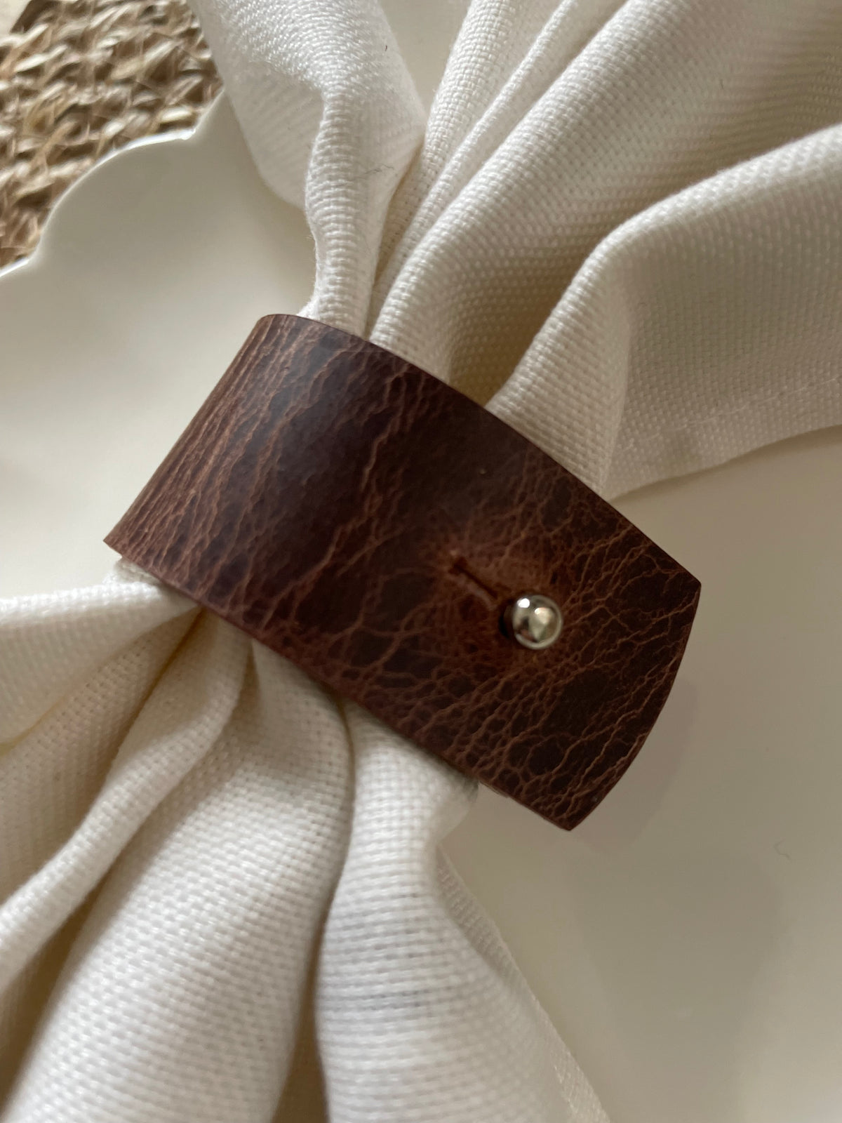 Antique brown leather napkin ring