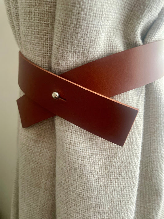 Criss cross leather curtain tie back Tan