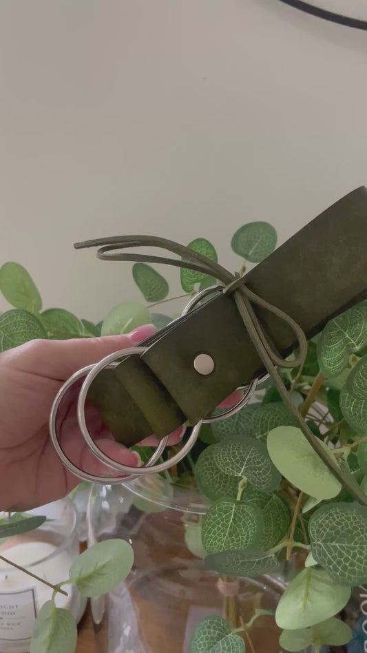 Handmade Wide Olive Green Leather Curtain Tie Back: Thick O-Ring 32mm wide (Single)