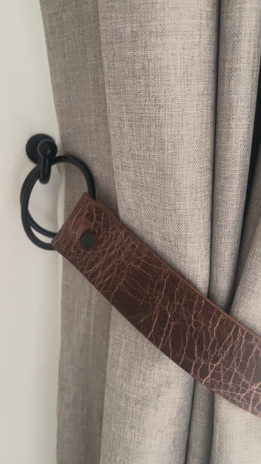 Handmade Wide Antique Brown Leather Curtain Tie Back: Thick O-Ring 32mm wide (Single)